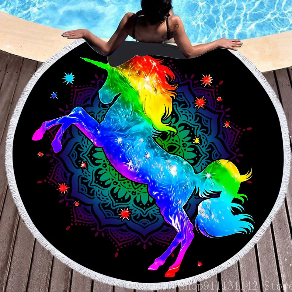 Стильное богемное Единорог 3D принтованные летние круглое пляжное полотенце для