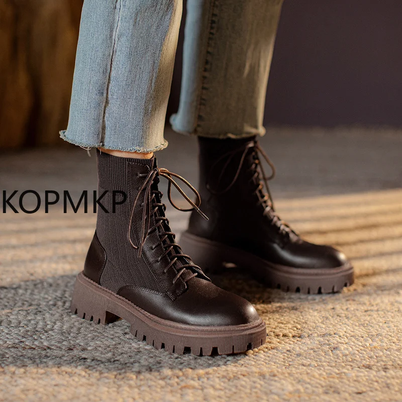 

New Square Heel Lace-up Knitted Socks Boots Platform Black Women's Ankle Boots 2021fashion Women's Winter Warm Thick-soled Boots