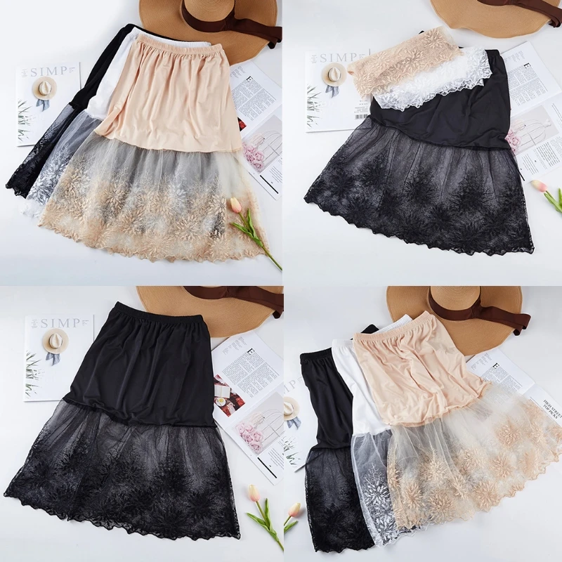 

Women Elastic Waist Layered Tiered Sheer Lace Trim Extender Half Slip Mini Skirt XX9D