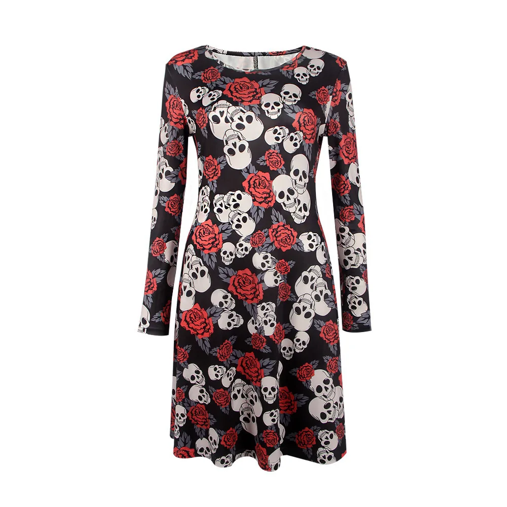 Halloween Christmas Wear Clothing Women Casual Dress Skull Print Long Sleeve Party O Neck Mini Dresses