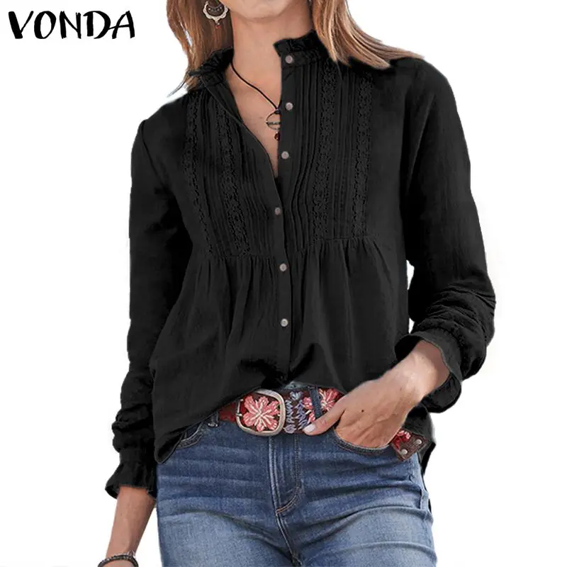 Модные женские блузки, топы, женская блузка, осенняя сорочка VONDA, одноцветная рубашка с длинным рукавом, женские блузки на пуговицах, большие размеры