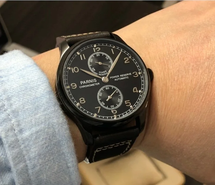 Coffee color band 43 мм PARNIS запас хода автоматический самоветер механический механизм черный циферблат PVD чехол Бабочка Пряжка мужские часы pa200-p8 - Цвет: Coffee color band