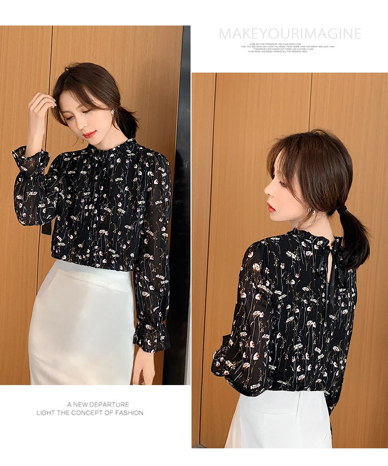 

Houthion Silk Women's Blouses Casual Fashion Printed Chiffon Shirt Long Sleeve Top New Korean Loose Blouse Full Print