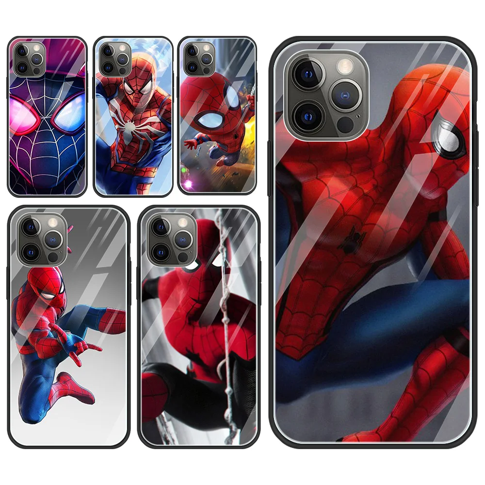 

Spider-Man Marvel Tempered Glass Case For Apple iPhone 13 12 11 Pro Max 13 12 Mini 8 7 6s 6 Plus XS Max XR X SE 2020 5 5S Capa