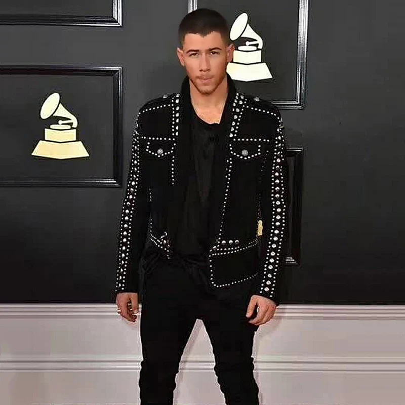 Мужской пиджак черный оленья кожа ручная работа серебряный для вечеринки