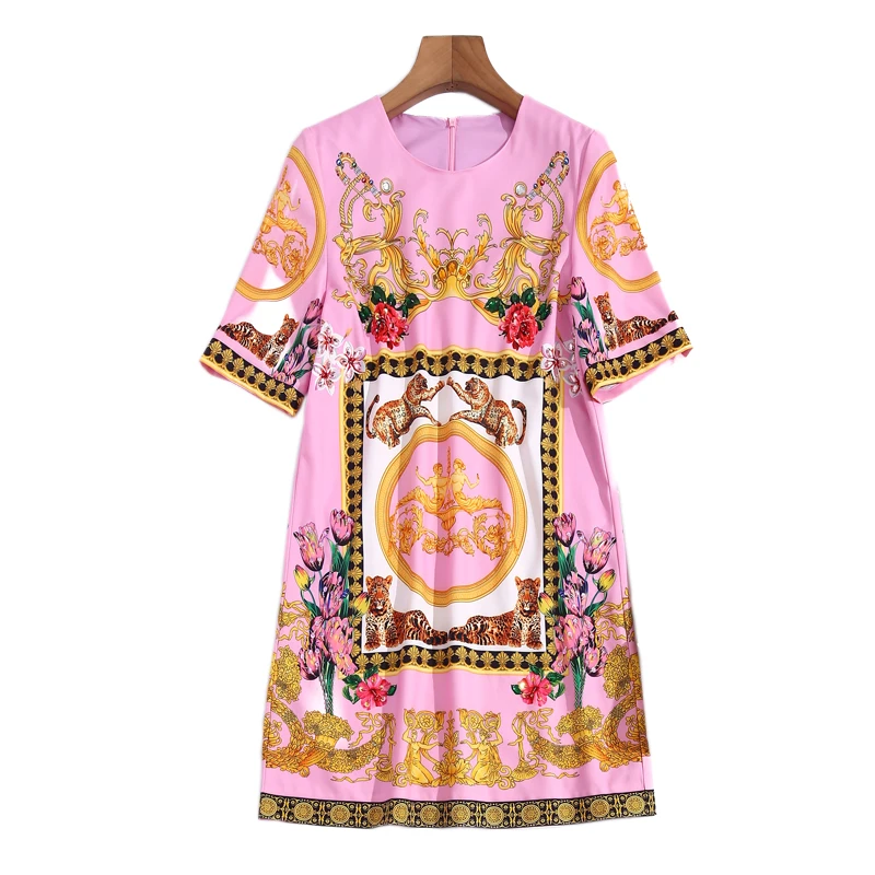 

Designer Summer New Fashion Mini Women'S Dress Short Sleeve Handmade Diamond Beading Print Vintage Chic Loose T-Shirt Dresses