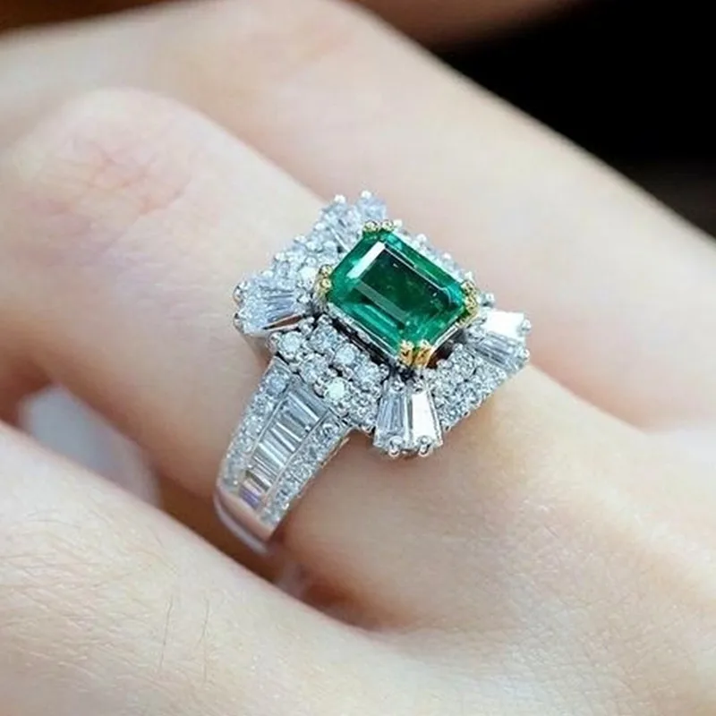 

Vintage Emerald gemstones zircon diamonds Rings for women mujer green crystal white gold silver color jewelry bijoux party gifts