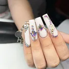 24 шт., белые накладные ногти, стразы, ноские, французские, балерины, длинные, гроб, накладные ногти, полное покрытие, ногти на ногти