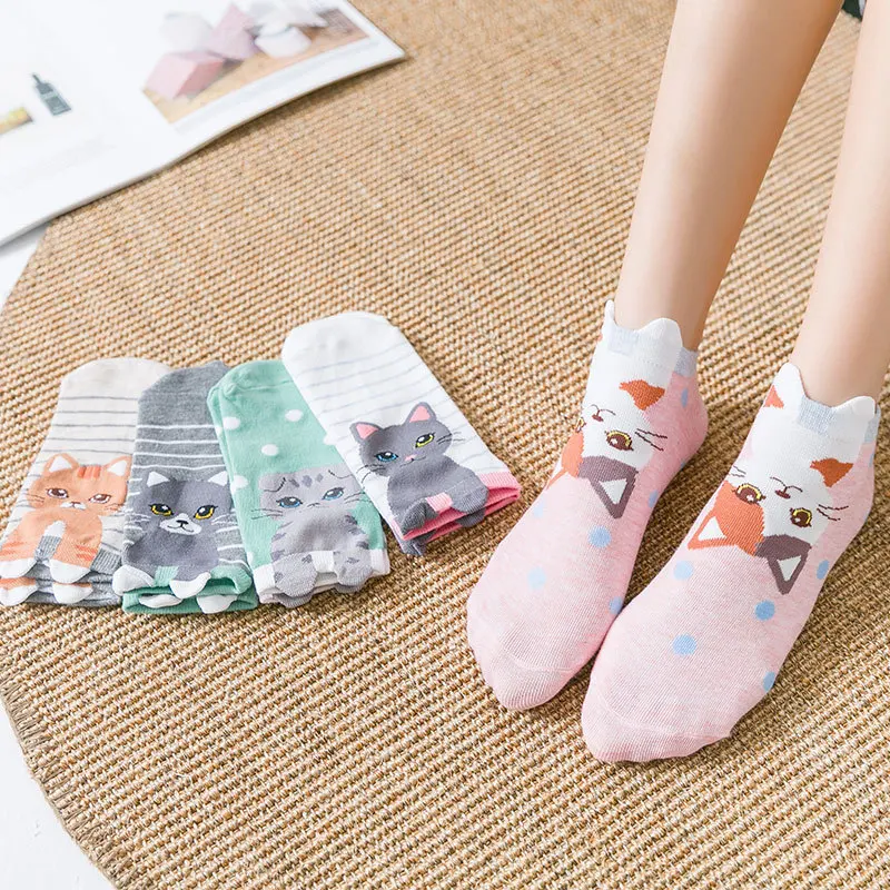 5 пар, Harajuku Ankel, короткие милые носки с котом, женские,, Мультяшные, с животным принтом, хлопчатобумажные забавные носки, пушистые, с 3D ушками, рождественские носки