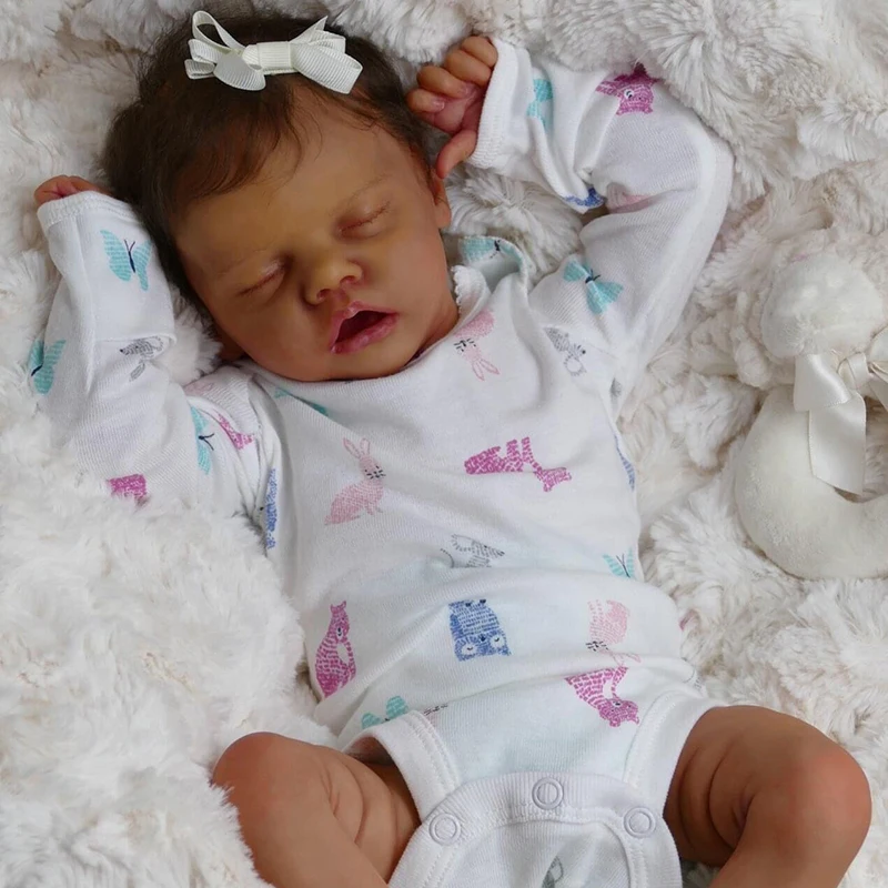 

49CM Bebe Doll Reborn Sleeping with Dark Brown SKin Color Hand Rooted Eyelash Collectible Art Doll Christmas Gift