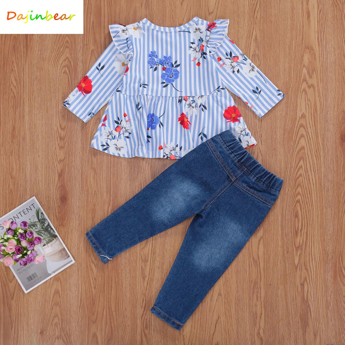 Футболка с оборками и длинным рукавом + рваные джинсовые брюки | Детская одежда