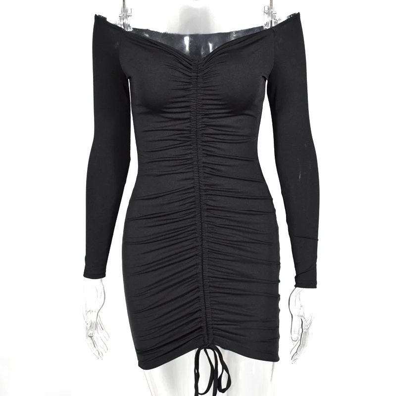 Невозьму 2 слоя осеннее платье Для женщин с открытыми плечами Drawstring Ruched Bodycon платье женские вечерние Клубные пикантные зимнее платье