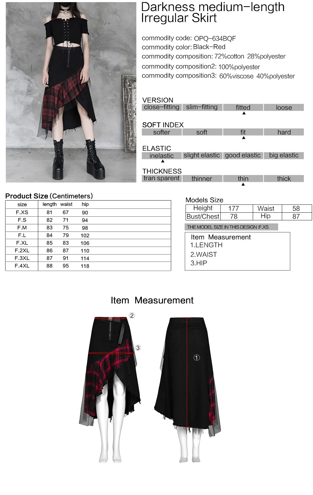 

PUNKRAVE Women's Gothic Darkness Medium-length Irregular Skirt Plaid Mesh Splicing Daily Wear High Waist Half Skirts