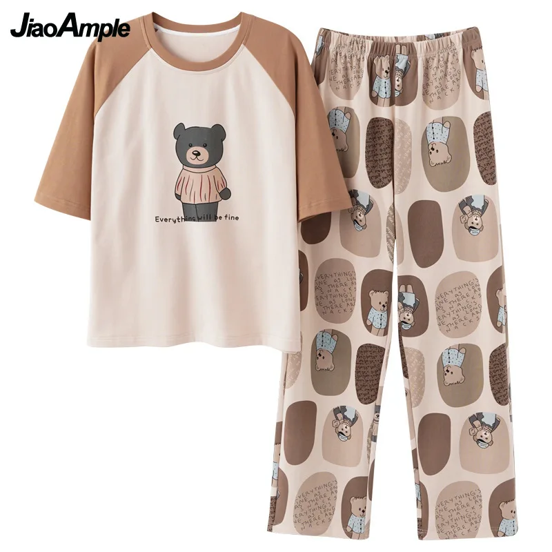 Summer Pajamas Women's Cotton Cartoon Short-sleeved Trousers Pijamas Two-piece Korean Fashion Thin Cute Nightwear Homewear Set