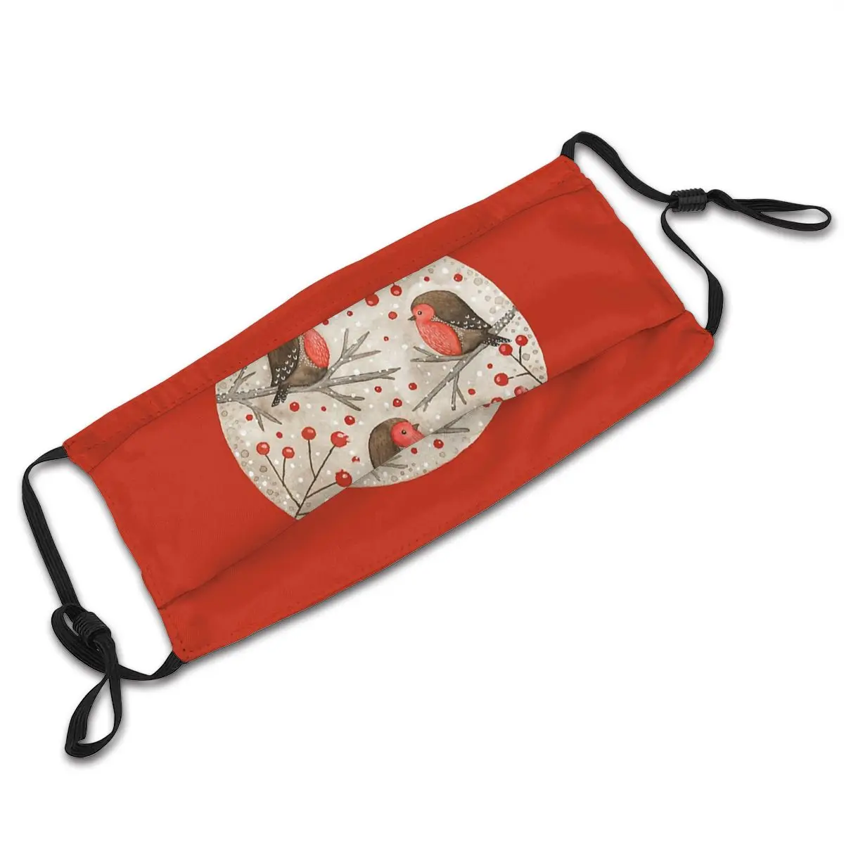 

Robins And Red Berries Winter Washable Mouth Face Mask Windproof Cold Proof with Filters Polyester Protection Cover Respirator