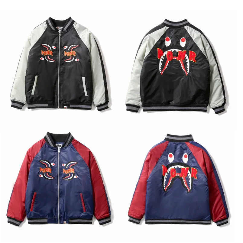 

Новинка, бейсбольная Униформа с вышивкой в виде акулы, зимняя повседневная куртка-пилот в стиле ретро с воротником-стойкой, Мужская Уличная ...