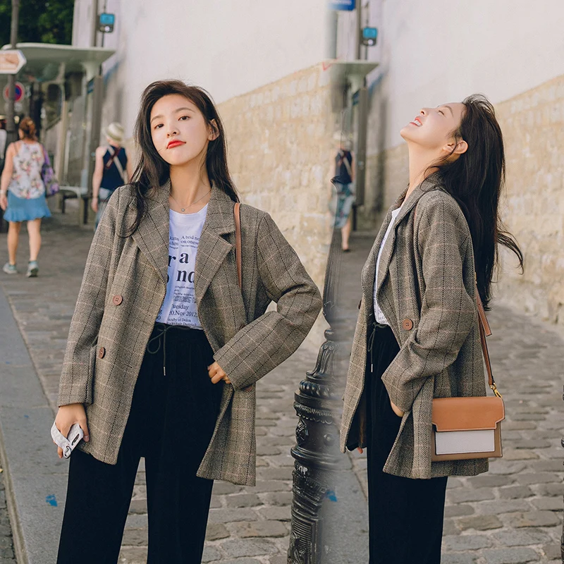 

Women's Suit Jacket Double-breasted Vintage Casual Lattice Ladies Blazer 2020 New Spring High Quality Wool Blended Suit Coat
