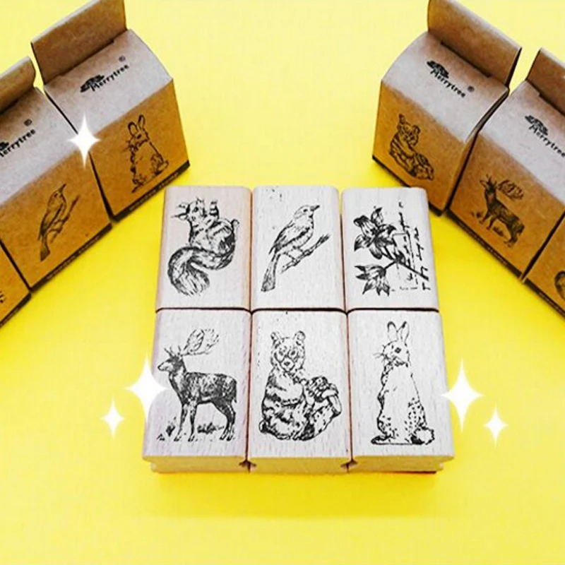 12 шт./лот кавайные винтажные деревянные резиновые штампы с животными в лесу для