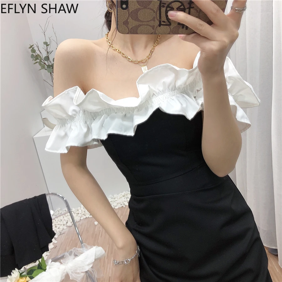 

Slash Neck Sheath Party Dress Women Patchwork Ruffles Design Slim Office Lady French Dress Chic Contrast Color Short Dresses
