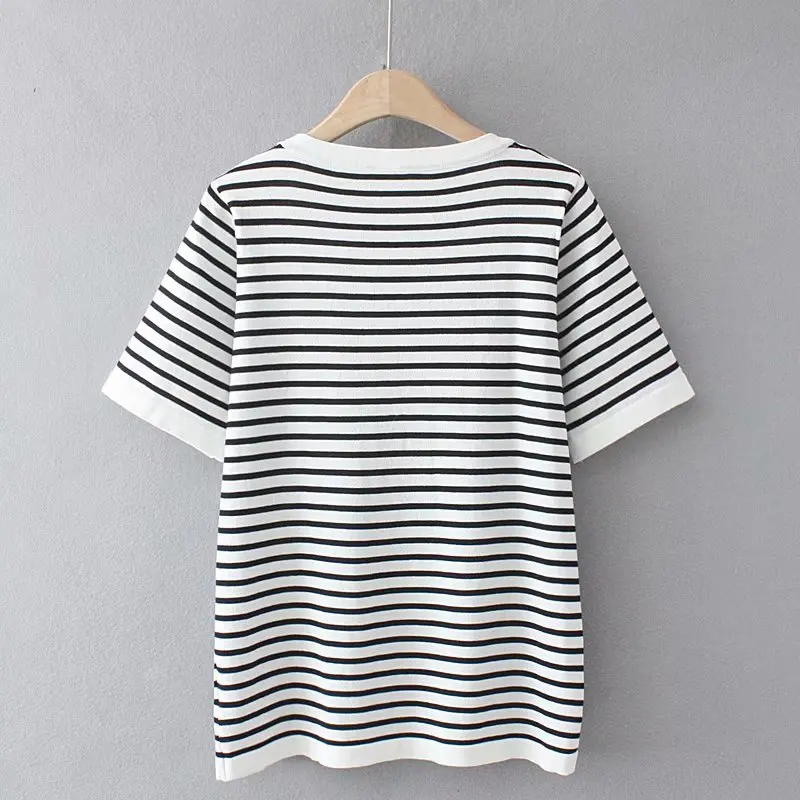 

Plus size o neck ice silk white black stripe women tshirts 2021 new summer casual Short sleeve ladies t shirts female top