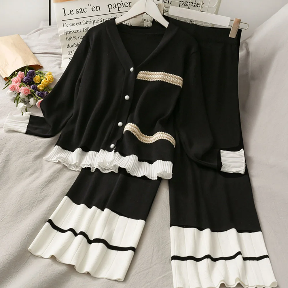 

Women Autumn Knit Flare Sleeve Cardigans Loose Pleated Hem Pants Sets V Neck Single Breasted Knitted Tops Ankle-Length Pant Suit