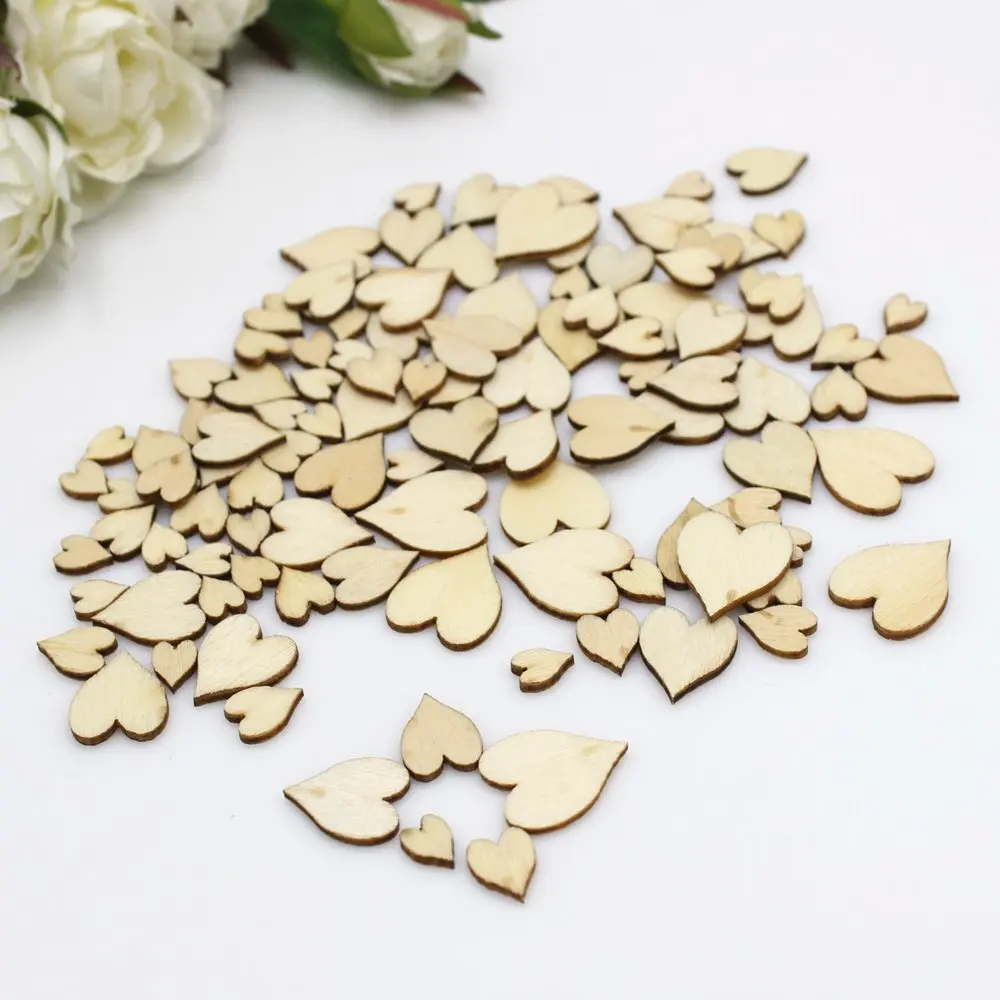 

100/200pcs Blank Heart Wood Slices Discs For DIY Crafts Embellishments Wedding Party Decoration (Wood Color)