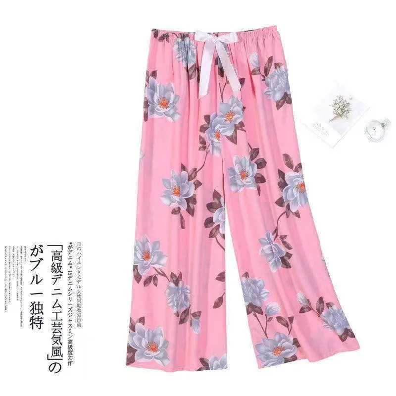 

Summer Wide Leg Pants Flower Print Sleep Bottoms Women New Pajamas Femme Loungewear Loose Sleep Trousers Casual Home Pants