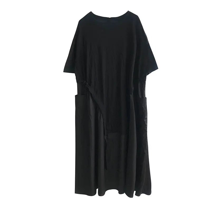 

XITAO Big Pocket Patchwork Drawstring Dress 2021 Summer New Arrivals Hedging Casual All-match Solid Color Dress DMY4245