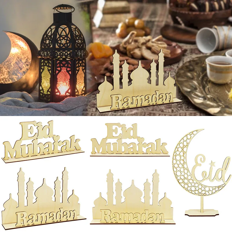 

Eid Mubarak Table Decor Wood DIY Crafts Wooden Moon Star Mosque Ornaments eid al-fitr Ramadan Party Decoration Supplies for Home