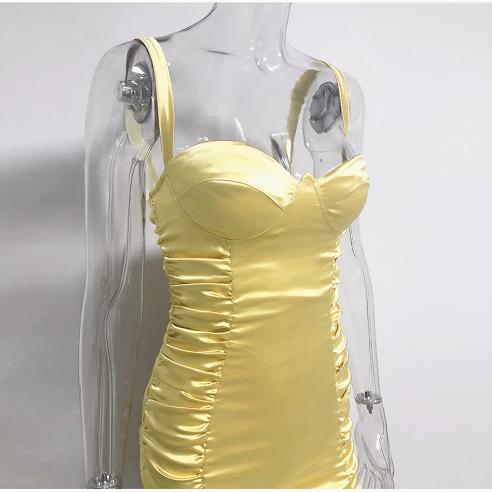 

Fyrneh Luxury Elegant Stain Sexy Midi Yellow Dress For Women Stain Ruched Backless Party Night Club Date Runway Vestidos Clothes