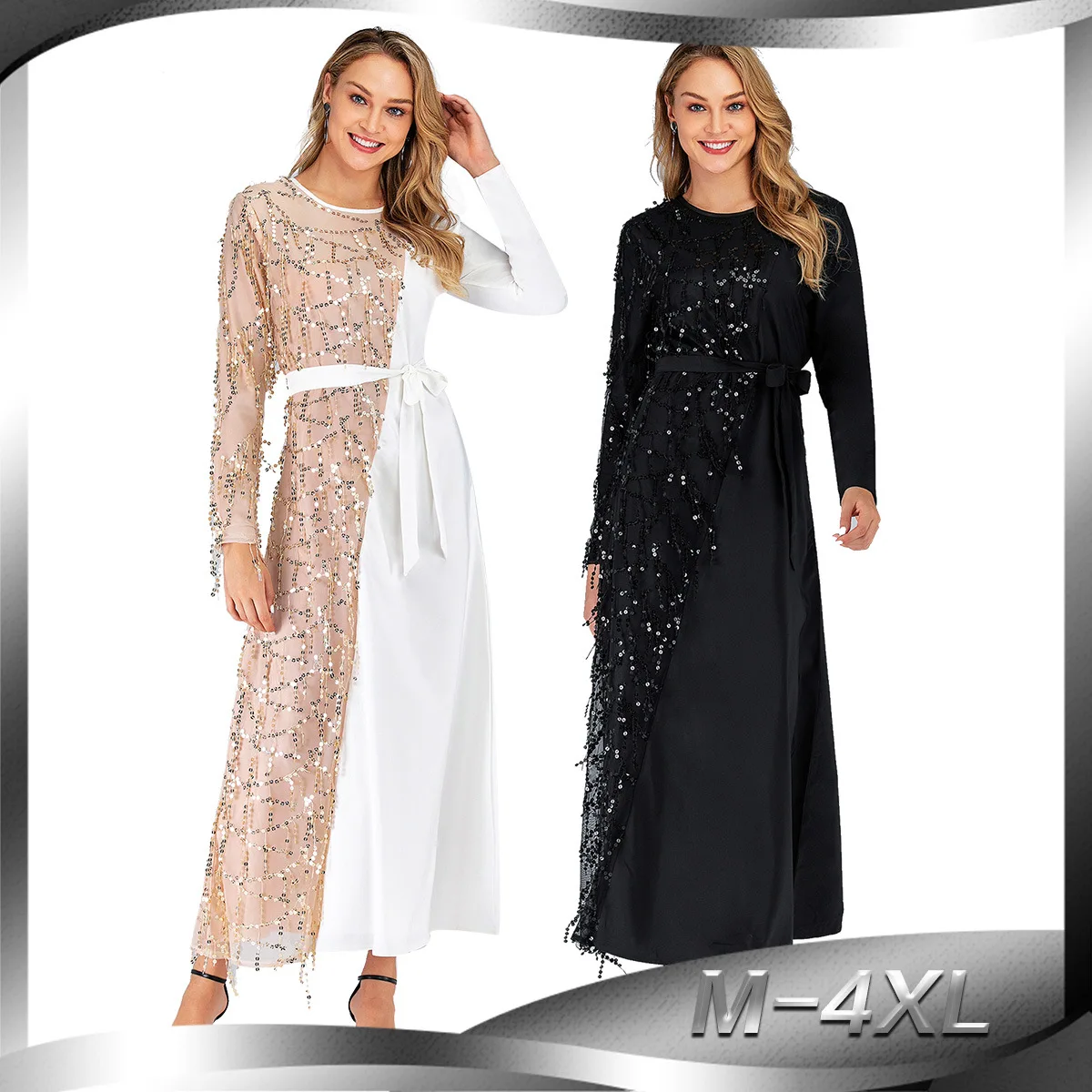 

BianFeng New Women's Arab Islamic Sequins Dress Long Sleeve Waist Strap Muslim Dress Sets