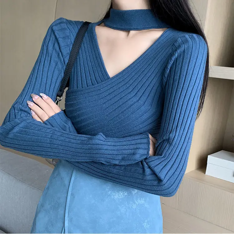 

Women's Knitted Pullover V Neck Cross Vertical Stripes Sexy Hollow Long Sleeves Slim Tops Wholesale Autumn Trendy Lady Clothing
