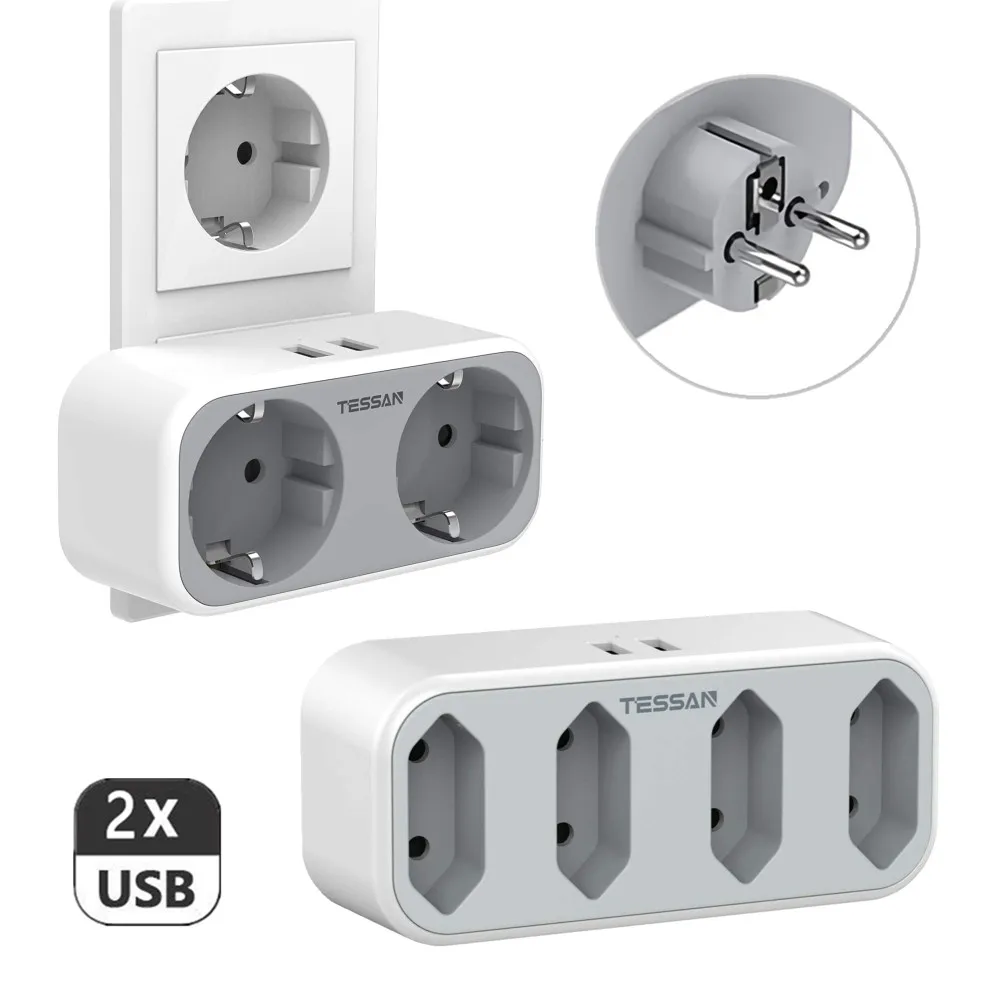 

TESSAN EU Electrical Socket Power Strip with 2 AC Outlets and 2 USB Ports European 4 In 1 USB Wall Socket Power Adapter for Home