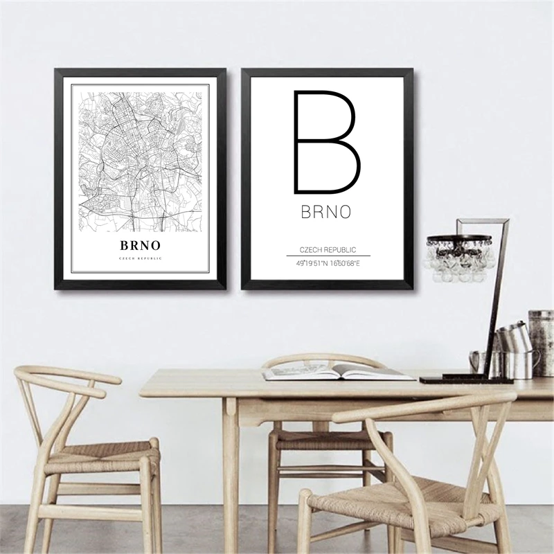 Black White Brno Czech Republic Map Canvas Poster City Coordinate Nordic Wall Art Print Painting Modern Home Decor |