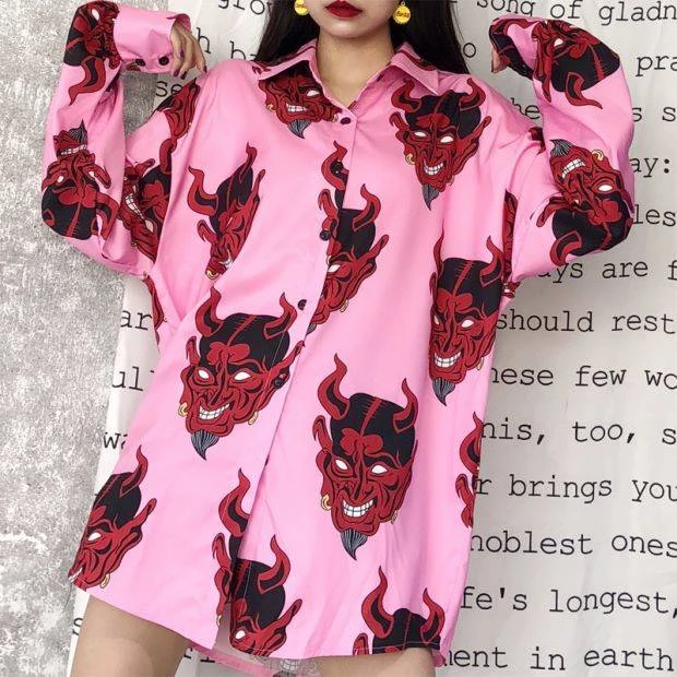 Harajuku демон печати рубашка Blusas для женщин Ulzzang с длинным рукавом панк готика