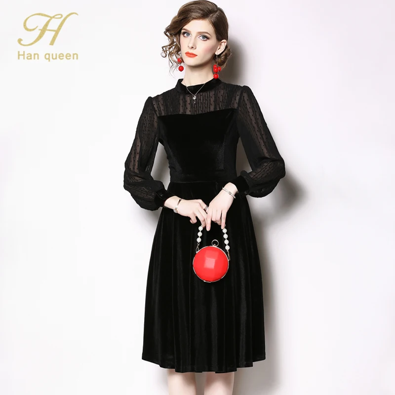 black H han queen/Новинка, бархатные платья длиной до колена, Женская Сексуальная Повседневная одежда для работы, Осеннее элегантное платье, большие качели, тонкие вечерние платья - Цвет: black