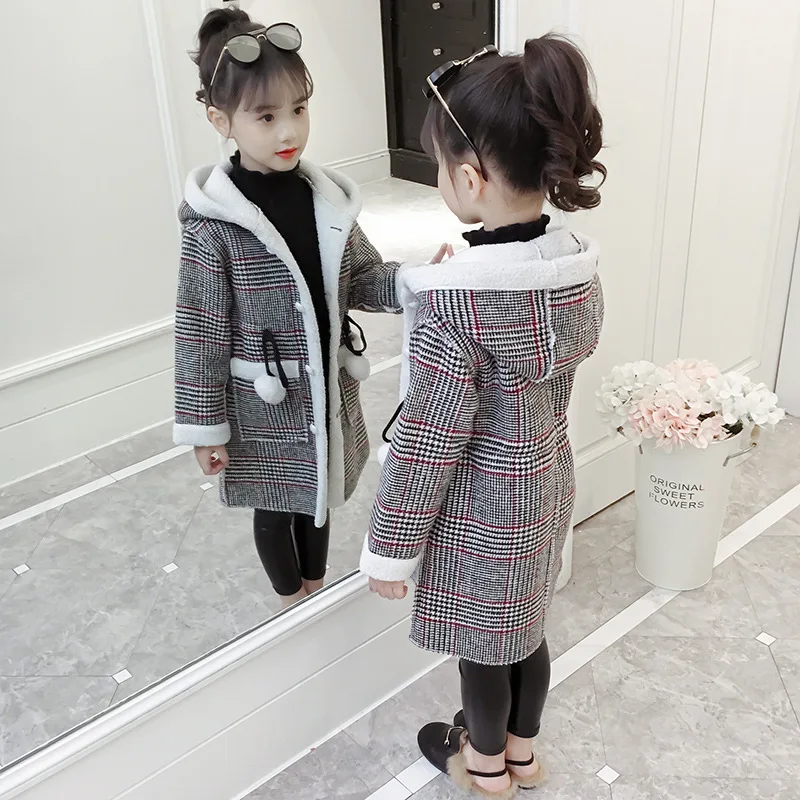 Gray w white velvet Вельветовые толстые зимние хлопковые длинные куртки для девочек Детская верхняя одежда детское повседневное клетчатое шерстяное пальто с отложным воротником - Цвет: Gray w white velvet