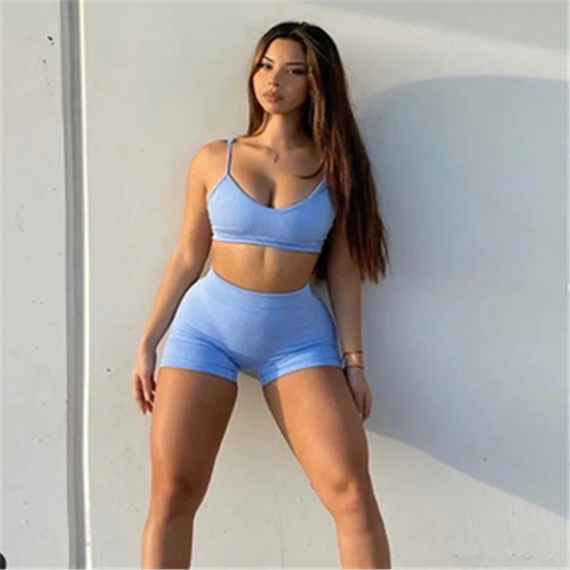 

2020 Sports Set Summer Track Suit Sleeveless Crop Top Pure Color Vest + Elastic Skinny Shorts Female Two Pieces Sets Vestidos