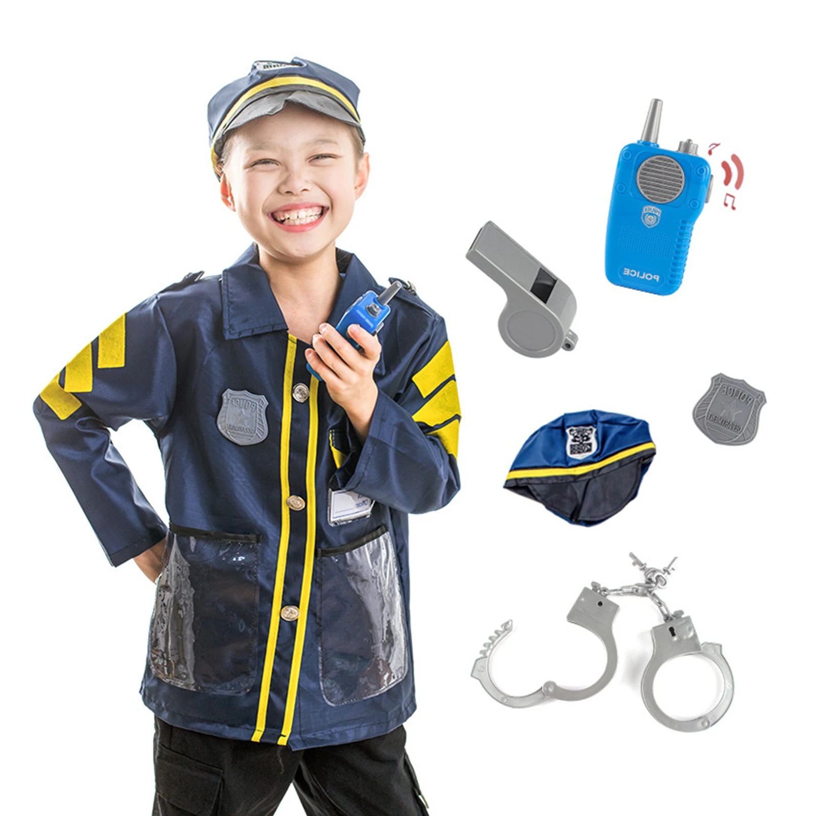 

Boy Police Officer Cosplay Costume Kids Policeman Uniform Set Shirt Hat Whistle Realistic Cosplay Costume Party Stage Clothe