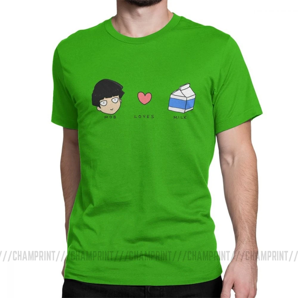 Mob Loves Milk Mob Psycho 100 футболки мужские хлопковые новые футболки с круглым вырезом футболка с коротким рукавом Одежда с принтом - Цвет: Зеленый
