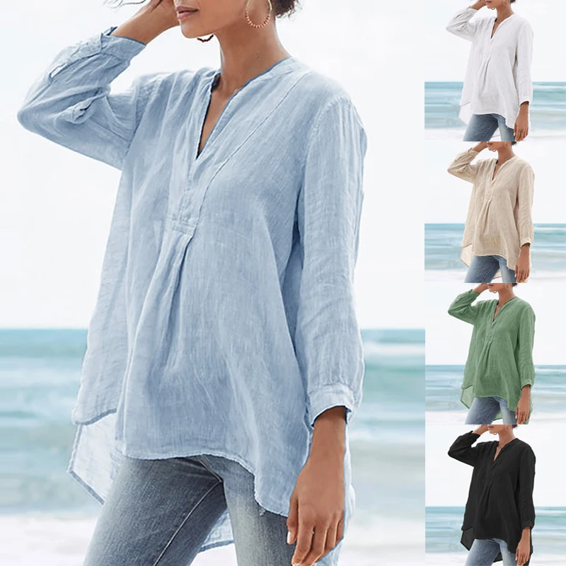 Блузка для женщин повседневные свободные льняные однотонная одежда детей с
