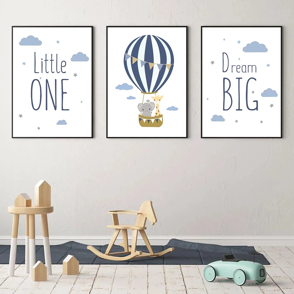 

Children's Room Decoration Mural Cartoon Animal Elephant Giraffe Wall Art Poster Blue Hot Air Balloon Canvas Painting Baby Room