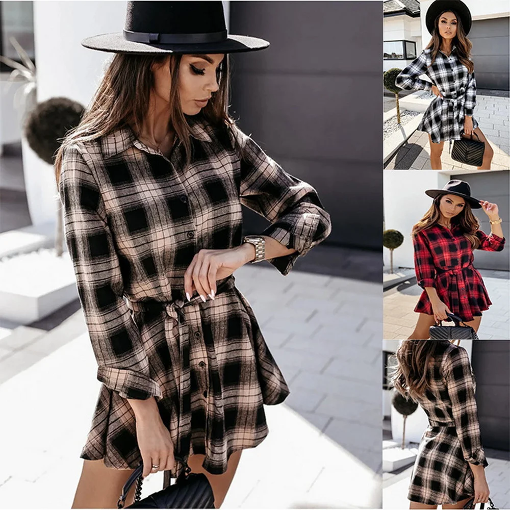 

Vestidos mujer verano 2021 women's autumn long-sleeved sexy shirt plaid pleated dress robe femme y2k Basic ropa mujer Clothing