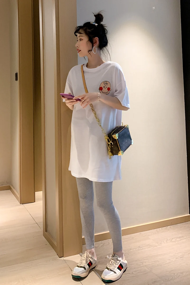 

8228# Summer Casual Thin White Cotton Maternity Tees Large Size Loose T Shirt Clothes for Pregnant Women Lovely Pregnancy Tops