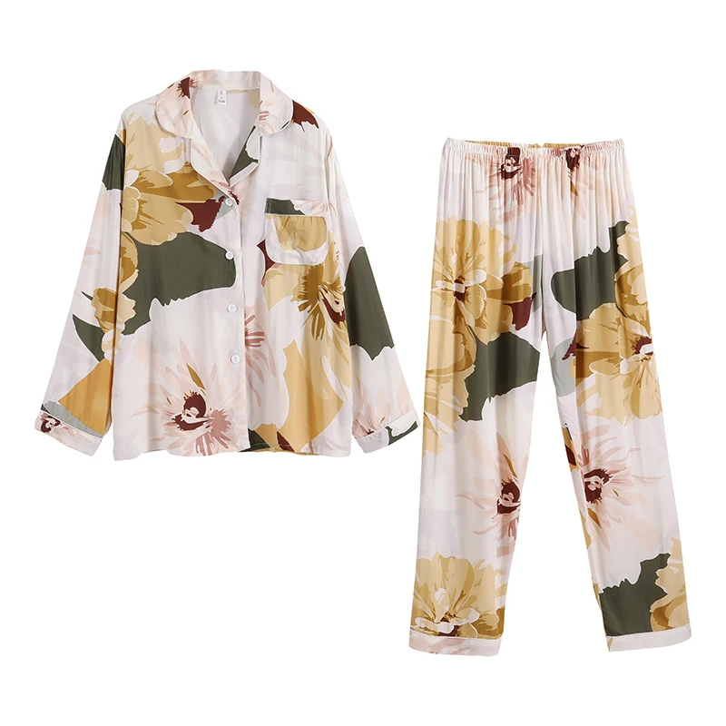 

Net Red Pajamas Women's Long Sleeve Thin Spring and Autumn Rayon Two-Piece Japanese Style Faux Sweet Cotton Silk Home