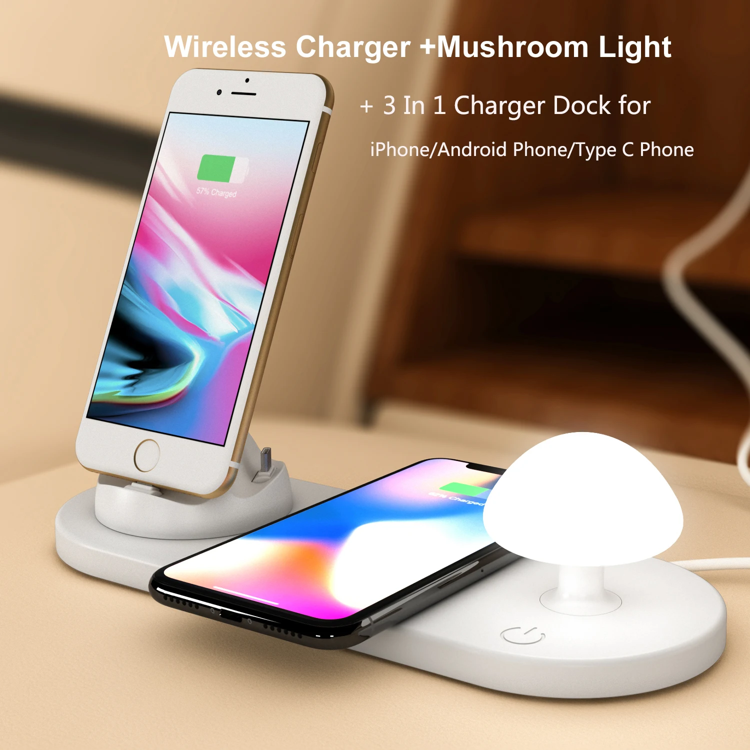 

Беспроводное быстрое зарядное устройство 5 в 1, светодиодная Ночная лампа в форме гриба, зарядная док-станция 3 в 1 для iPhone, телефона Android, телефона типа C