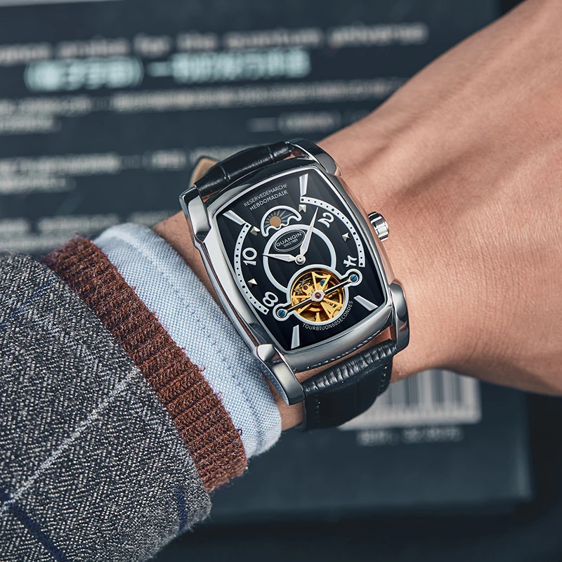

GUANQIN Tourbillon Watches Automatic Brand Mens Mechanical Luxury Watch 2018 Skeleton Rectangle Leather Gold Male Clock Man