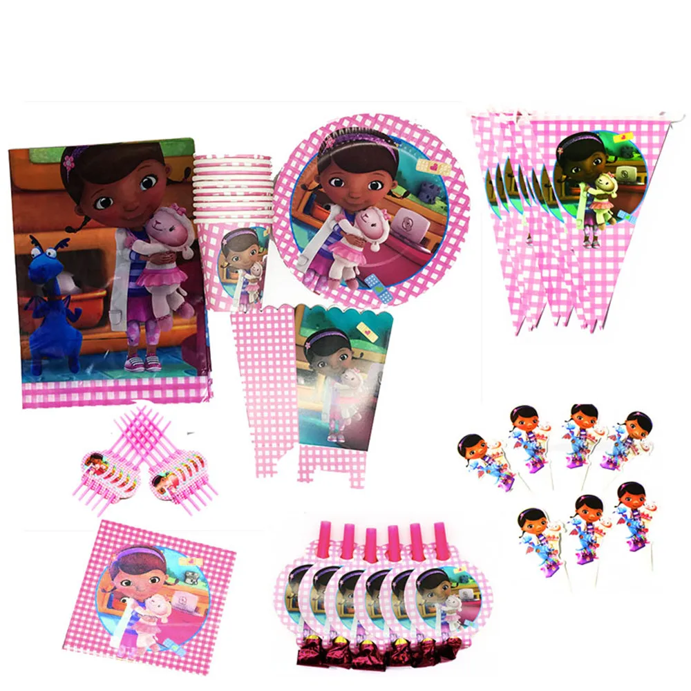 

97PcsDoc McStuffins Birthday Party Decorations Baby Shower Doc McStuffins Theme Disposable Napkins Tablecloths Plates Straws