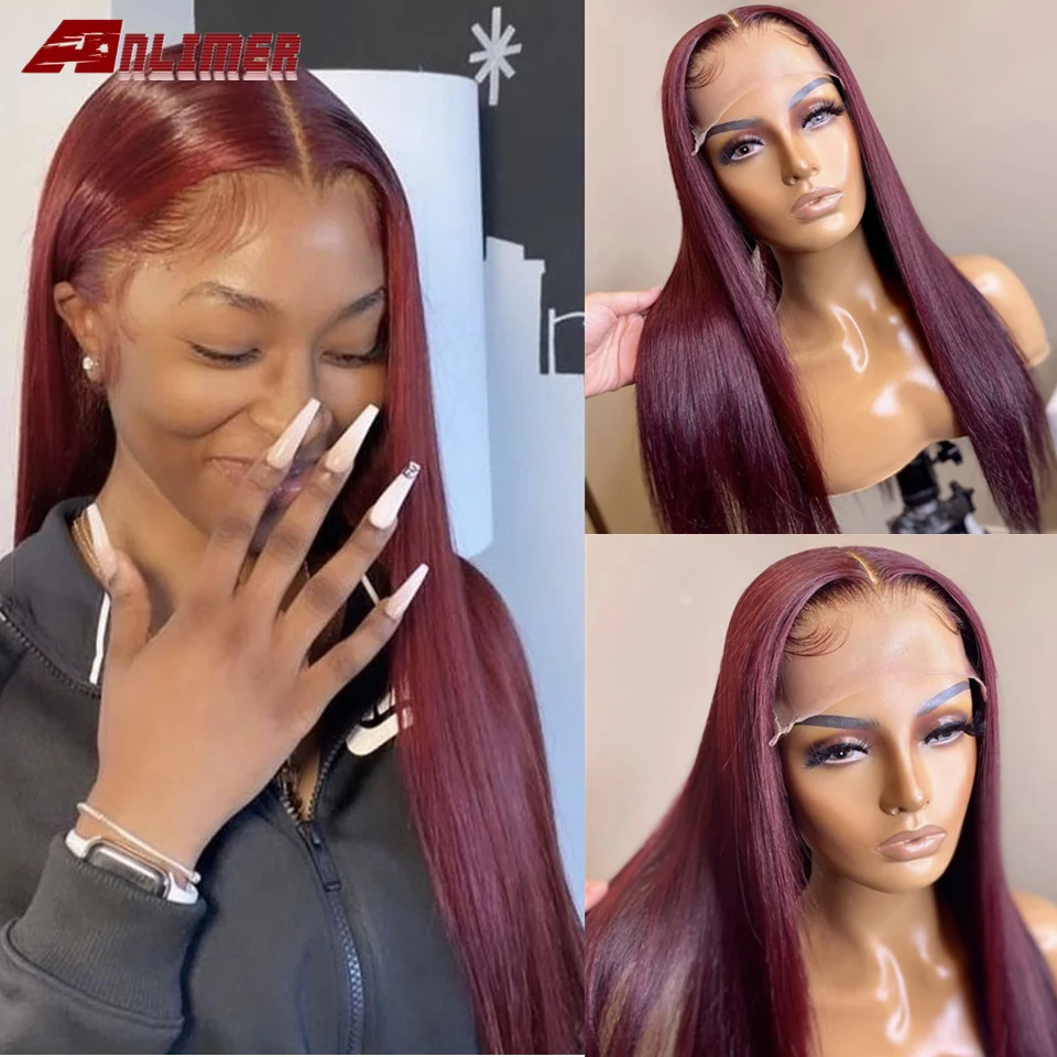 

99J Lace Front Wig Colored Human Hair Wigs Burgundy Straight Deep Part 13x6 Lace Front Wig 180 Density Pre plucked