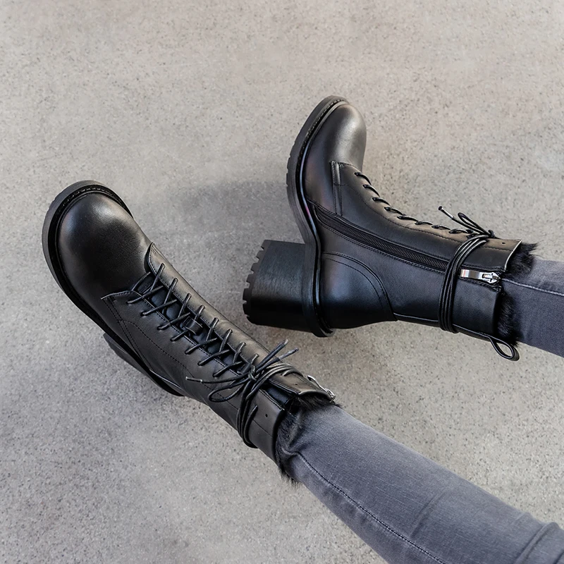 

Genuine Leather Women's Ankle Boots Platform Chunky Heels Pumps Party Office Lady Shoes Woman Heels